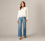 Long Sleeve Lace Trim Drawstring Hem Blouse In Ivory 2