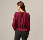 Long Sleeve Lace Trim Drawstring Hem Blouse In Fig 6