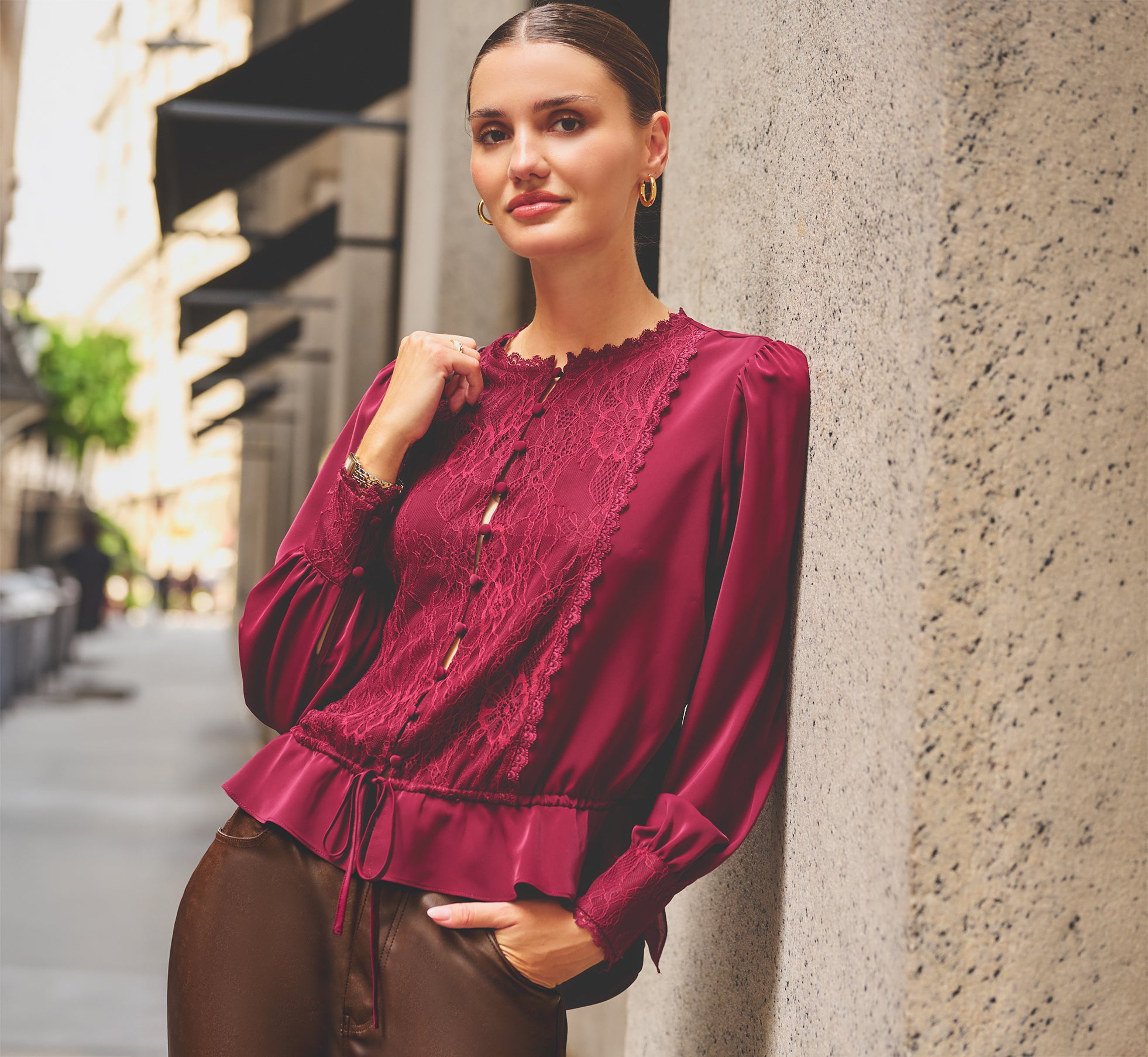 Long Sleeve Lace Trim Drawstring Hem Blouse In Fig 1