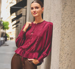 Long Sleeve Lace Trim Drawstring Hem Blouse In Fig 1