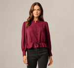 Long Sleeve Lace Trim Drawstring Hem Blouse In Fig 3