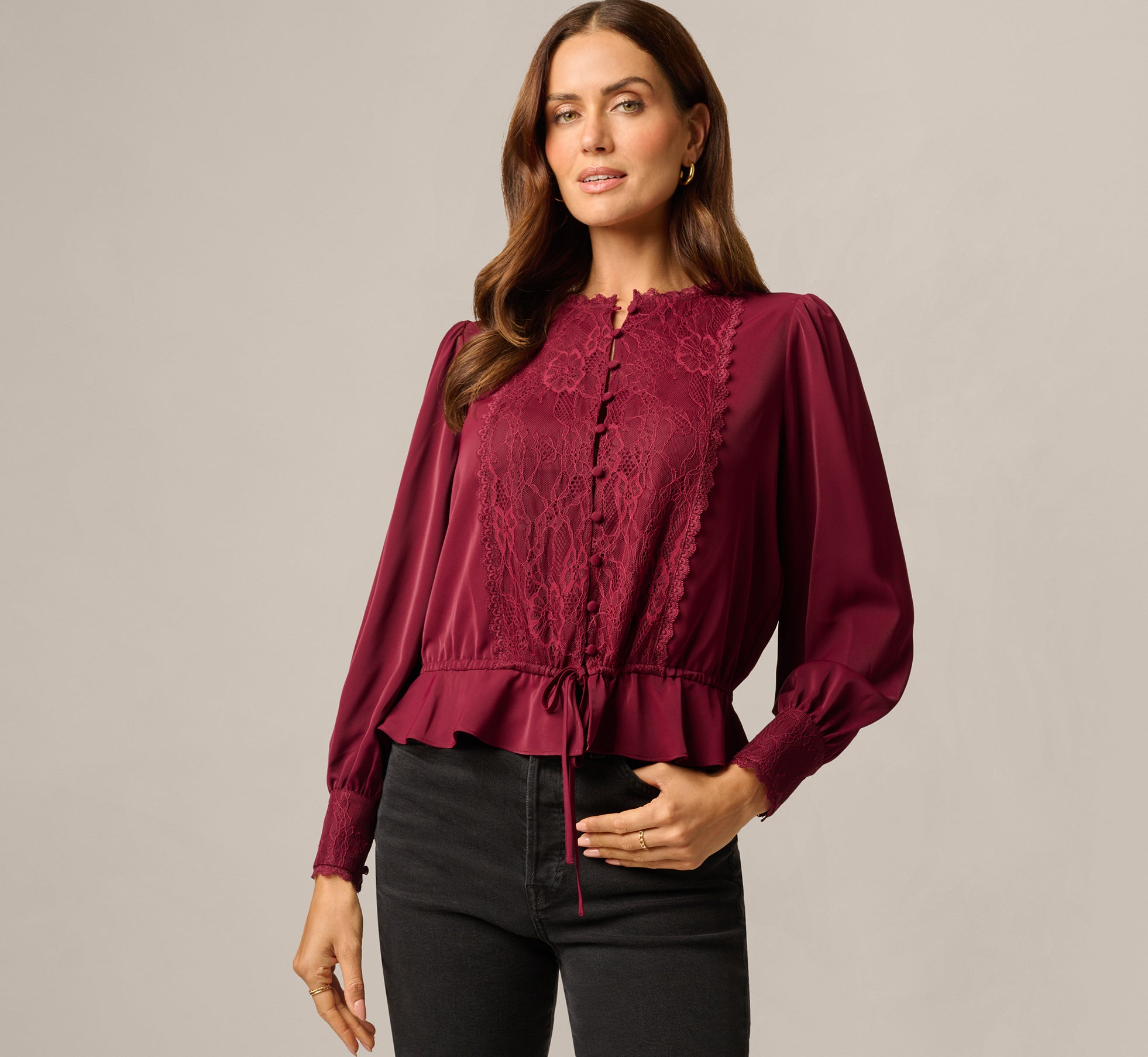 Long Sleeve Lace Trim Drawstring Hem Blouse In Fig 1