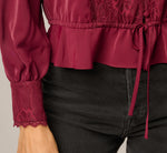 Long Sleeve Lace Trim Drawstring Hem Blouse In Fig 5