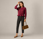 Long Sleeve Lace Trim Drawstring Hem Blouse In Fig 2