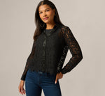 Long Sleeve Satin Trim Sheer Lace Blouse In Black 1