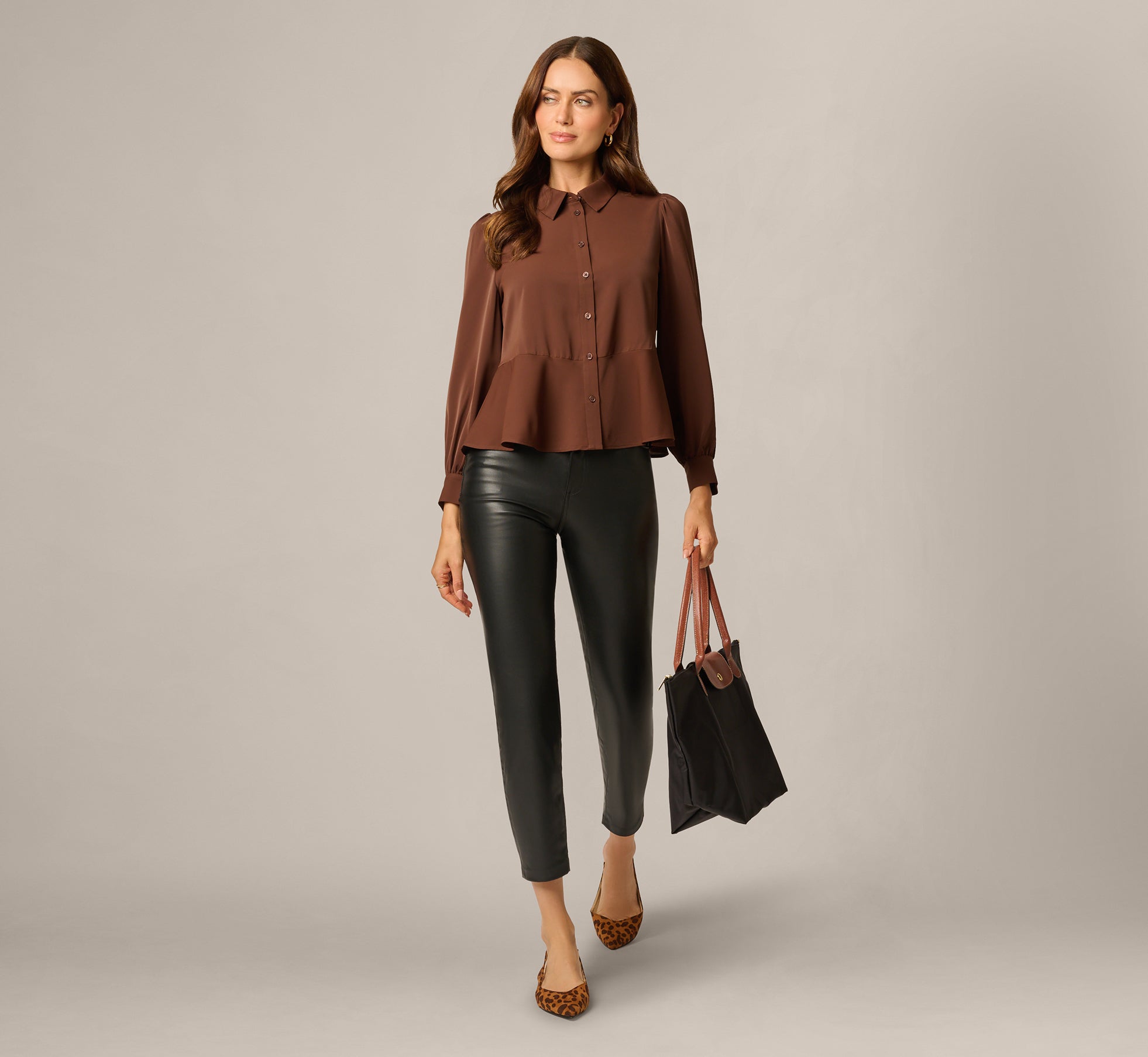 Brown Long Sleeve Peplum Collared Blouse - Adrianna Papell