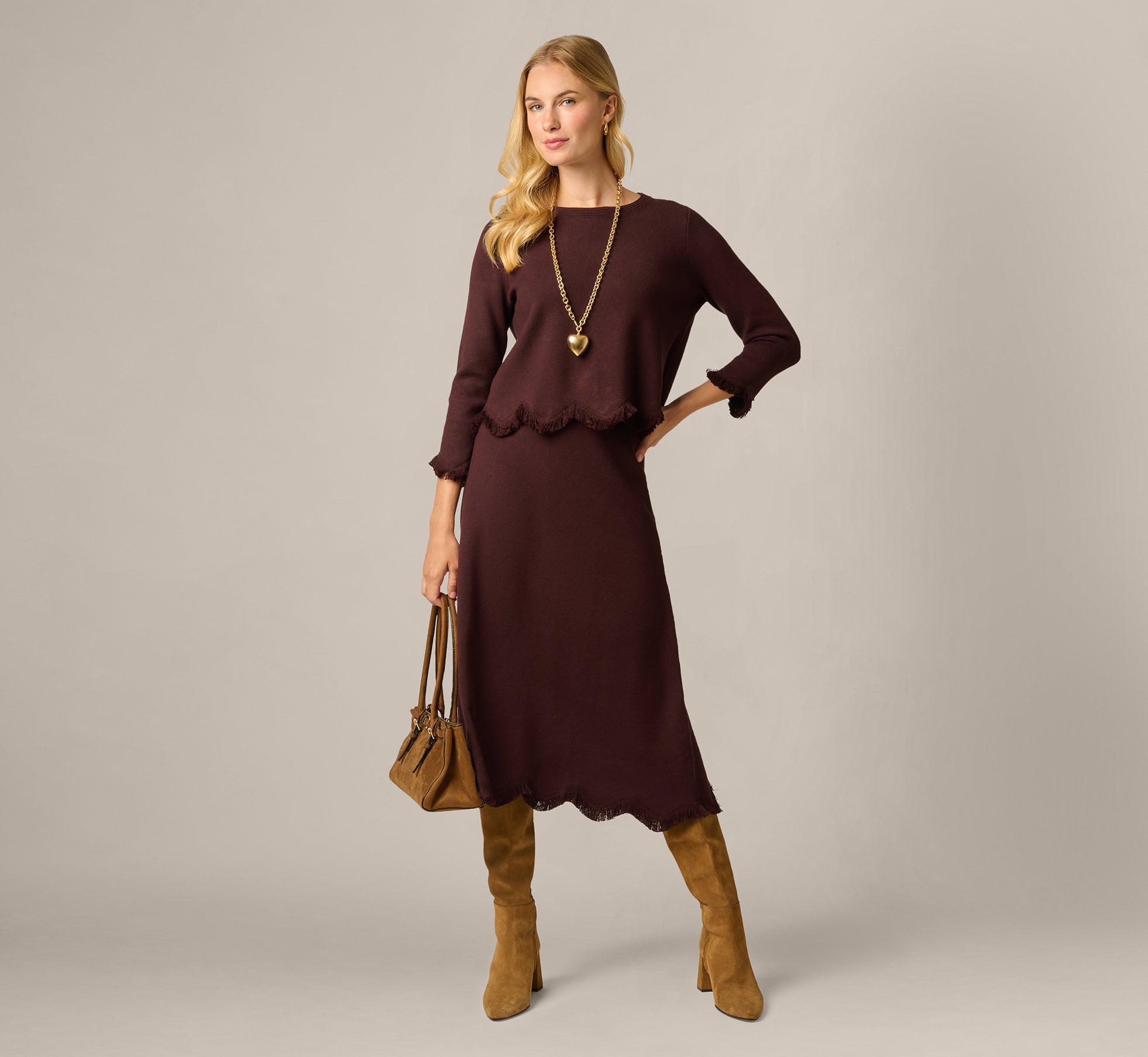 Scalloped Fringe Sweater Knit Midi Skirt In Chocolate 1