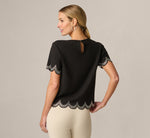 Short Sleeve Scalloped Rhinestone Trim Top In Black 6