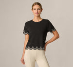 Short Sleeve Scalloped Rhinestone Trim Top In Black 3