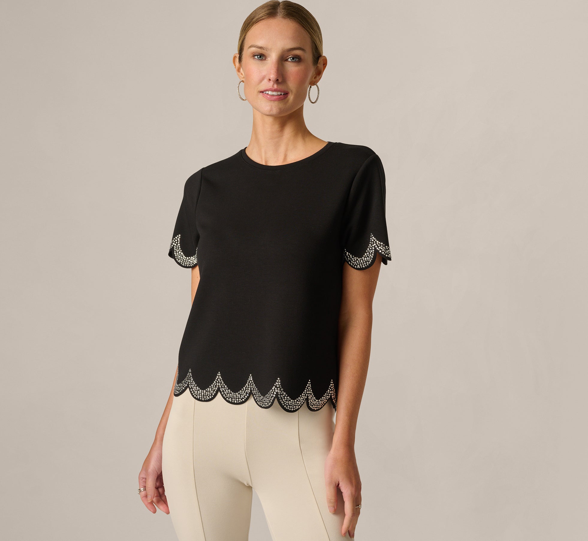 Short Sleeve Scalloped Rhinestone Trim Top In Black 1