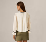 Long Sleeve Velvet And Lace Trim Semisheer Blouse In Vanilla Cream Black 6