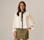 Long Sleeve Velvet And Lace Trim Semisheer Blouse In Vanilla Cream Black 3