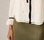 Long Sleeve Velvet And Lace Trim Semisheer Blouse In Vanilla Cream Black 4