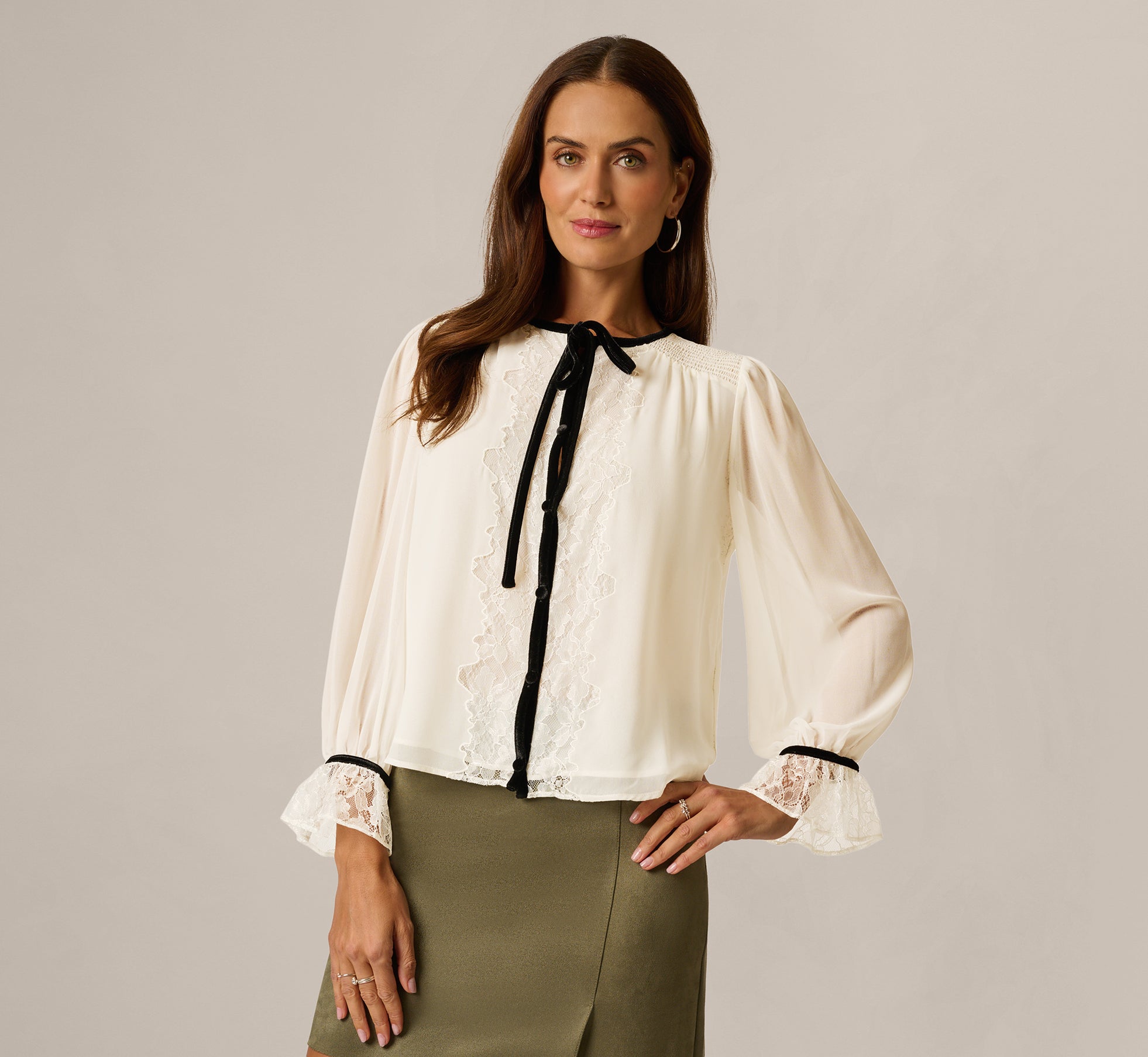 Long Sleeve Velvet And Lace Trim Semisheer Blouse In Vanilla Cream Black 1