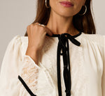 Long Sleeve Velvet And Lace Trim Semisheer Blouse In Vanilla Cream Black 5