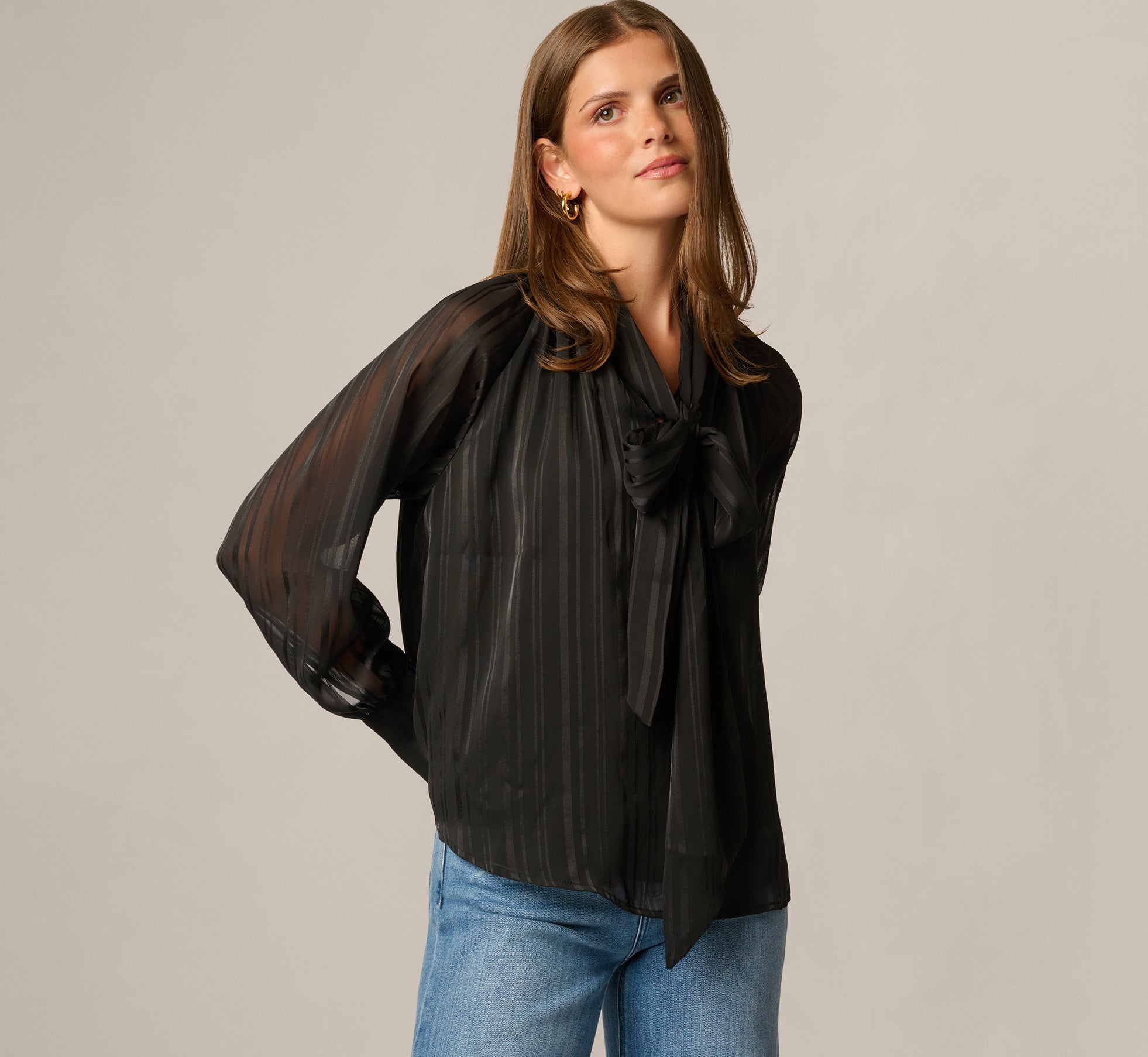 Long Raglan Sleeve Tie Neck Blouse In Black 1