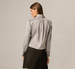 Long Sleeve Draped Satin Wrap Front Blouse In Silver Grey 6