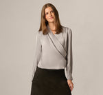 Long Sleeve Draped Satin Wrap Front Blouse In Silver Grey 3