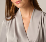 Long Sleeve Draped Satin Wrap Front Blouse In Silver Grey 4