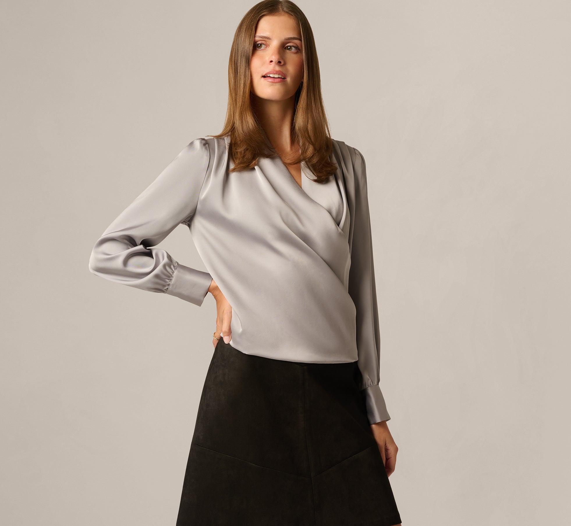 Long Sleeve Draped Satin Wrap Front Blouse In Silver Grey 1