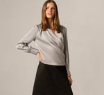 Long Sleeve Draped Satin Wrap Front Blouse In Silver Grey 1