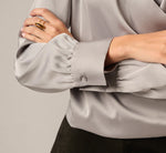 Long Sleeve Draped Satin Wrap Front Blouse In Silver Grey 5