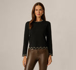 Long Sleeve Rhinestone Scalloped Sweater In Black 3