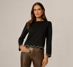 Long Sleeve Rhinestone Scalloped Sweater In Black 1