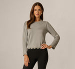 Long Sleeve Rhinestone Scalloped Sweater In Heather Grey 3