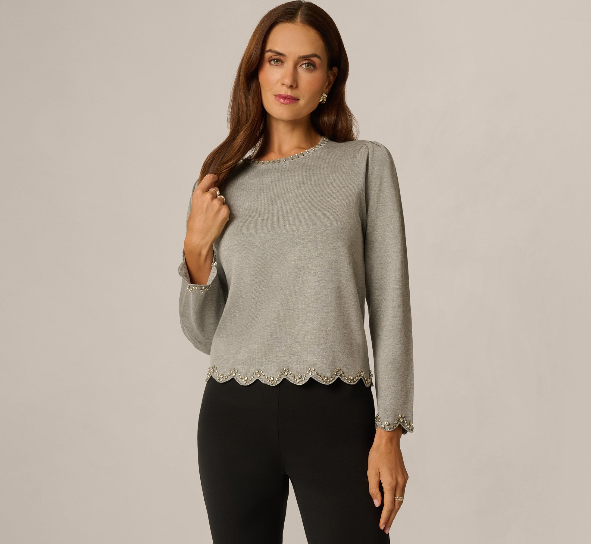Long Sleeve Rhinestone Scalloped Sweater In Heather Grey 1