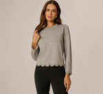 Long Sleeve Rhinestone Scalloped Sweater In Heather Grey 1