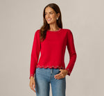 Long Sleeve Rhinestone Scalloped Sweater In Haute Red 3