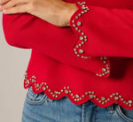 Long Sleeve Rhinestone Scalloped Sweater In Haute Red 5