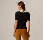 Short Sleeve Cable Knit Contrast Pearly Collar Sweater In Black Ivory 7