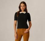 Short Sleeve Cable Knit Contrast Pearly Collar Sweater In Black Ivory 4