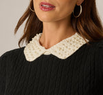 Short Sleeve Cable Knit Contrast Pearly Collar Sweater In Black Ivory 5