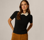 Short Sleeve Cable Knit Contrast Pearly Collar Sweater In Black Ivory 2