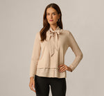 Long Sleeve Tie Neck Pearly Trim Twofer Sweater In Champagne Blush 3