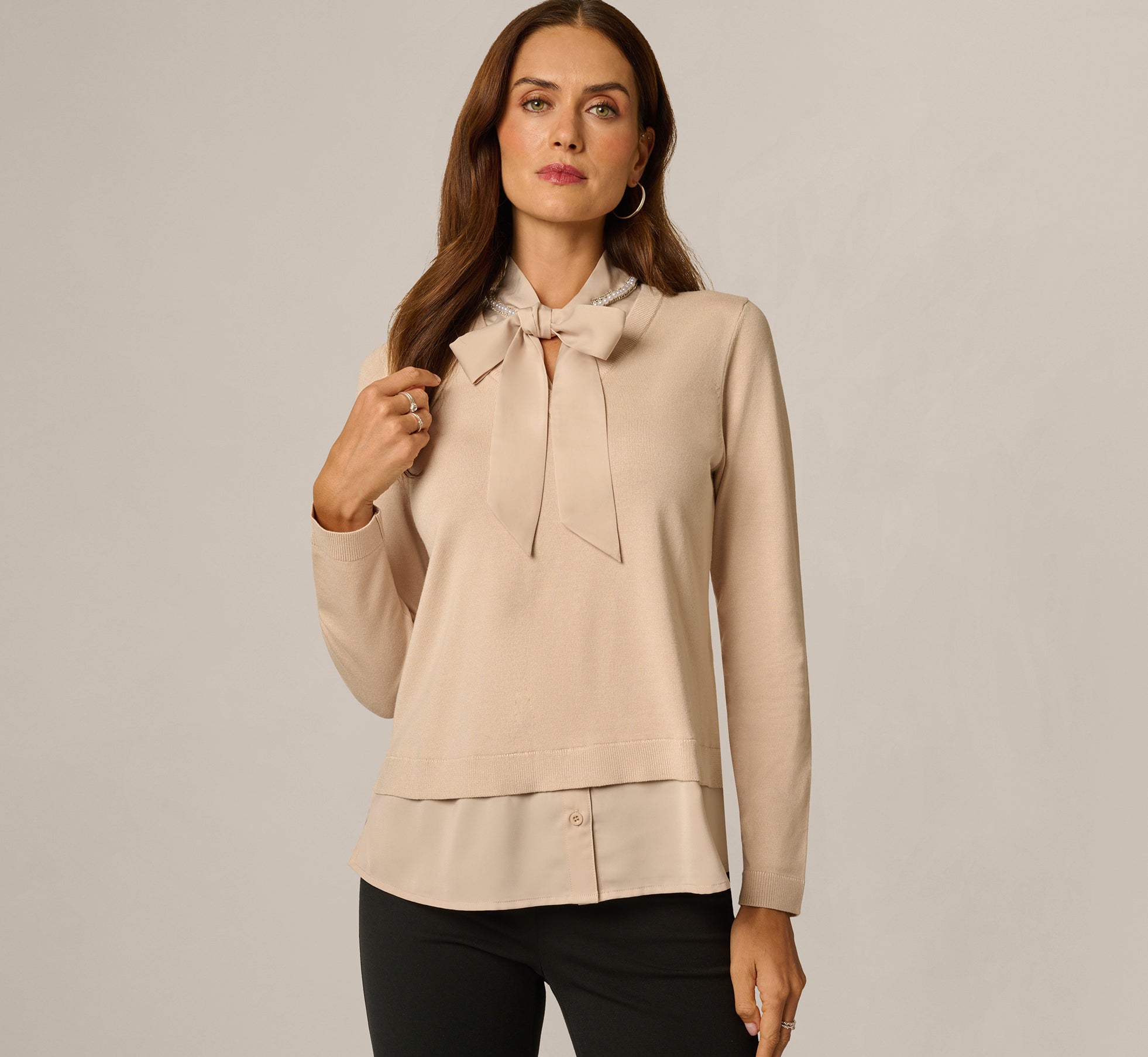 Long Sleeve Tie Neck Pearly Trim Twofer Sweater In Champagne Blush 1