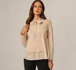 Long Sleeve Tie Neck Pearly Trim Twofer Sweater In Champagne Blush 1