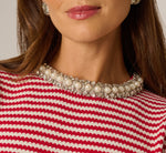 Long Sleeve Pearly Rhinestone Collar Pullover Sweater In Haute Red Ivory 4