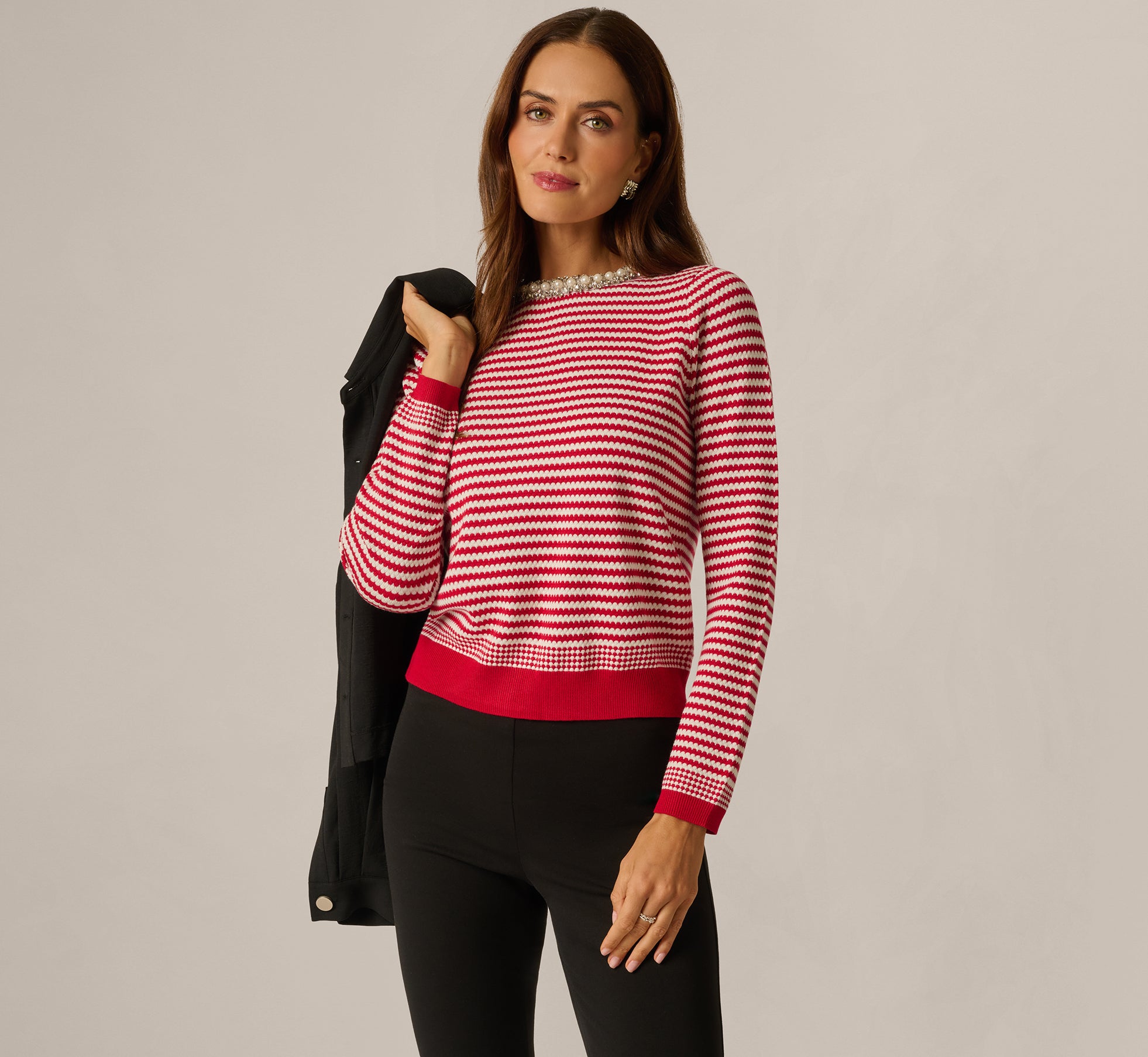 Long Sleeve Pearly Rhinestone Collar Pullover Sweater In Haute Red Ivory 1