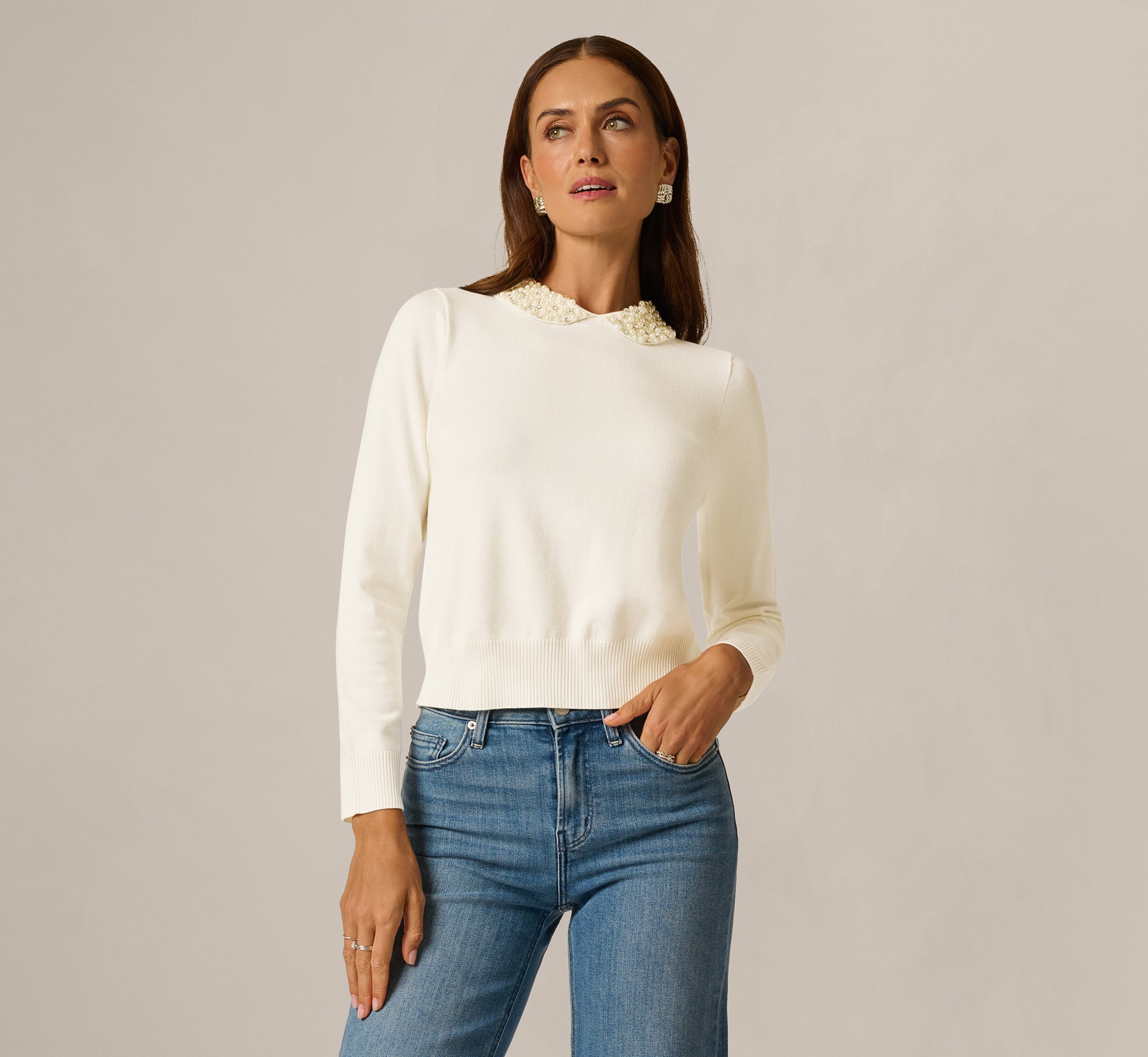 Long Sleeve Pearly Peter Pan Collar Sweater In Ivory 1