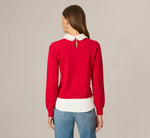 Long Sleeve Beaded Collar Twofer Sweater In Haute Red Ivory 6