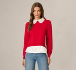 Long Sleeve Beaded Collar Twofer Sweater In Haute Red Ivory 3