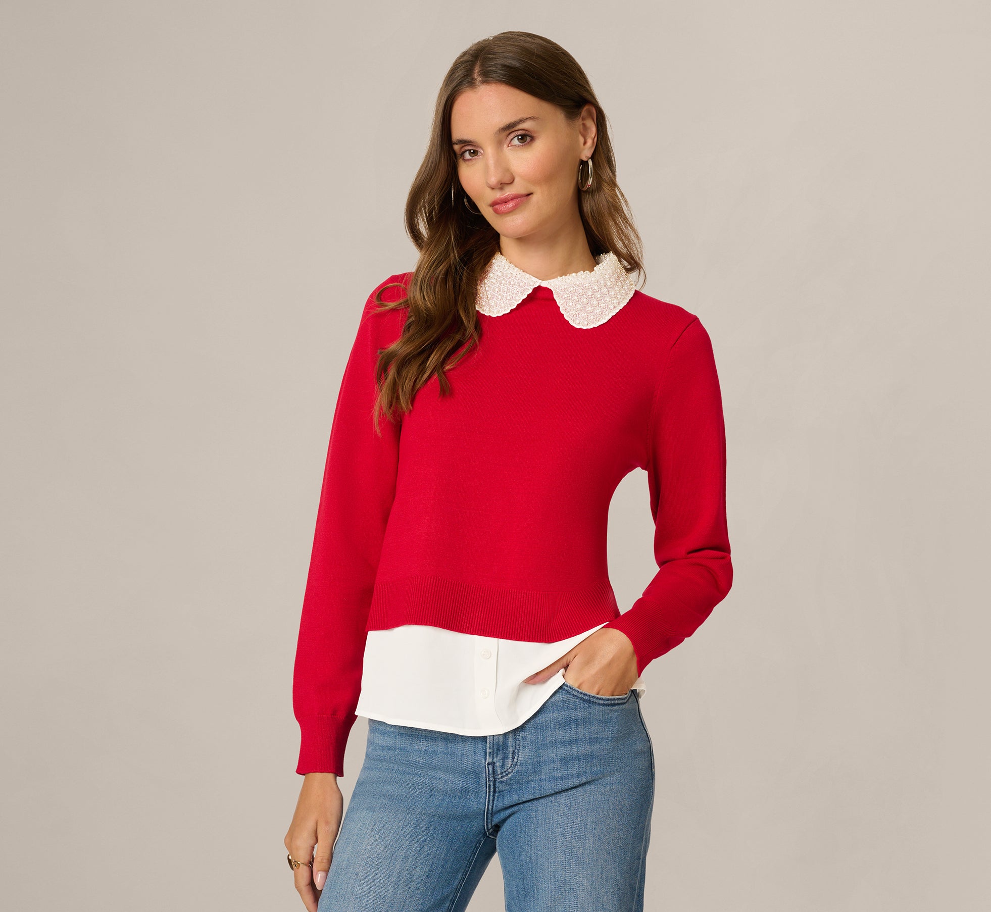 Long Sleeve Beaded Collar Twofer Sweater In Haute Red Ivory 1