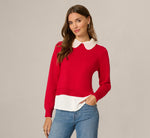 Long Sleeve Beaded Collar Twofer Sweater In Haute Red Ivory 1