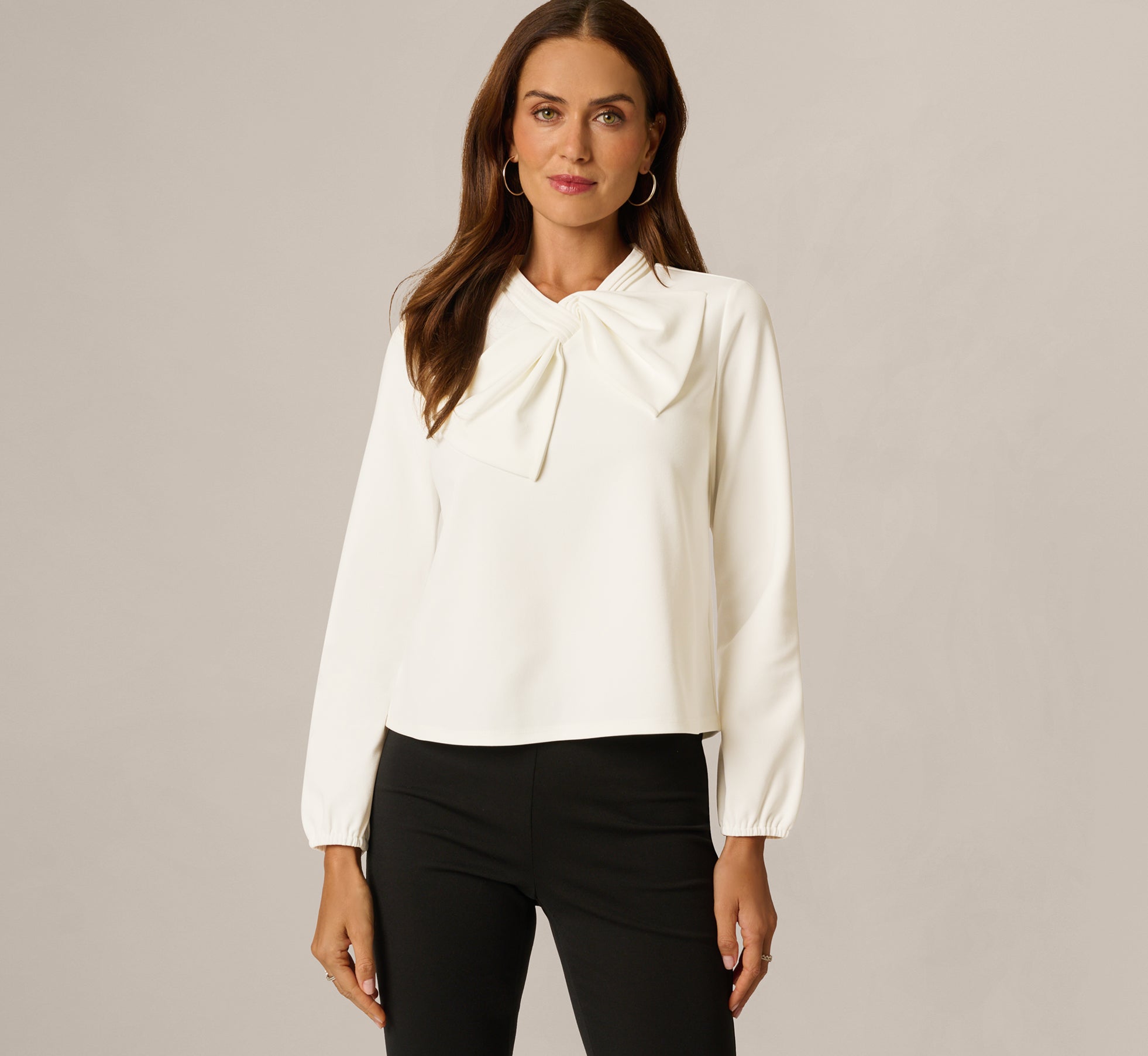 Long Sleeve Twist Bow Collar Top In Ivory 1