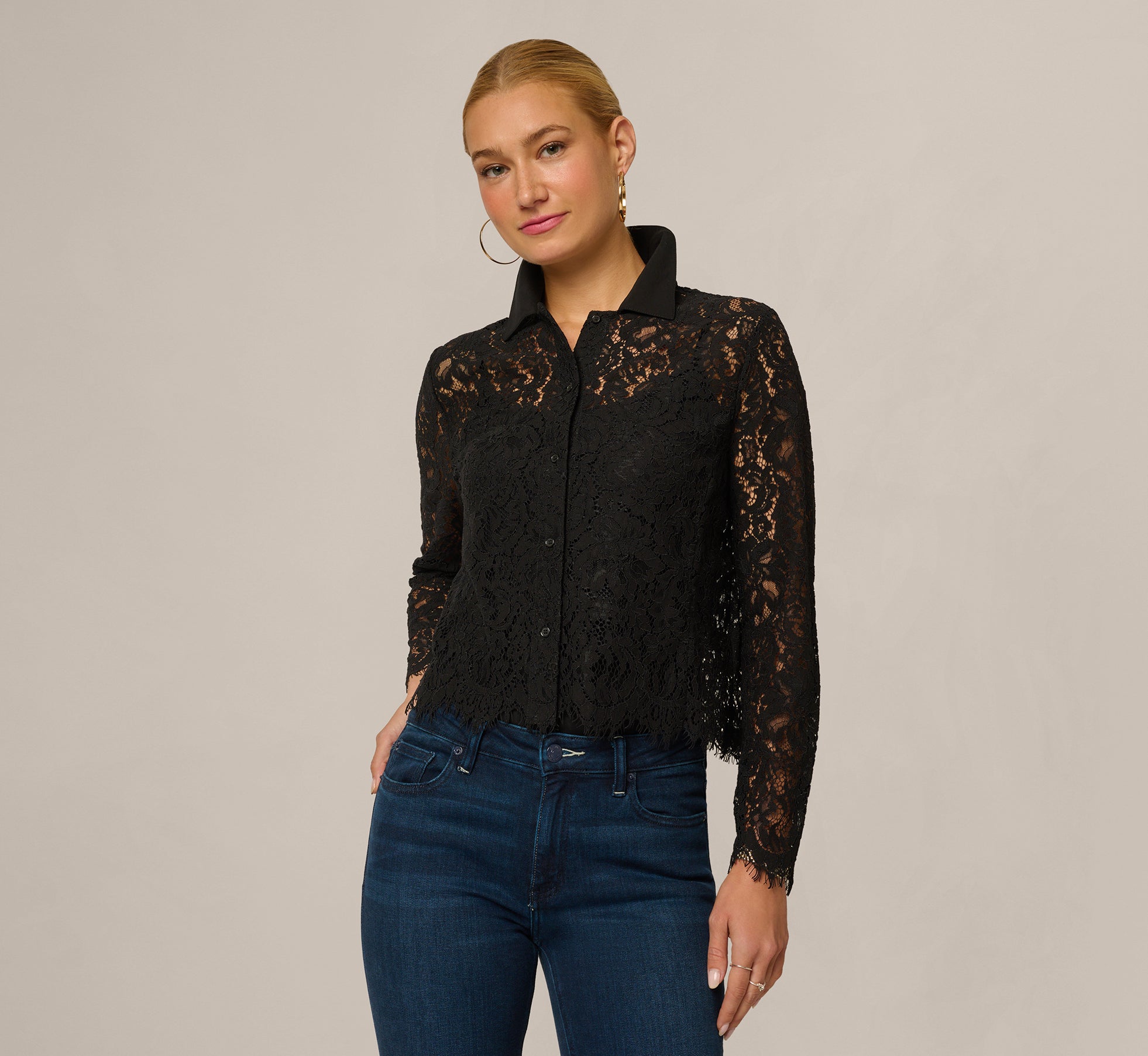 Long Sleeve Sheer Lace Blouse In Black 1