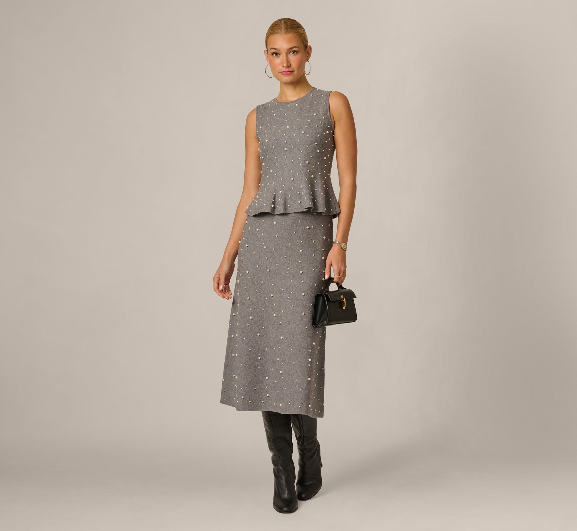 Pearly Beaded Sweater Knit Midi Skirt In Dark Heather 1